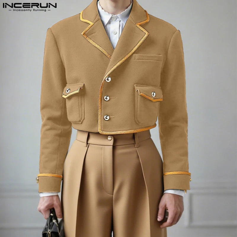 INCERUN Men's Patchwork Lapel Crop Jacket – Long Sleeve Button Streetwear Coat | S–XXXL