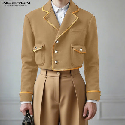 INCERUN Men's Patchwork Lapel Crop Jacket – Long Sleeve Button Streetwear Coat | S–XXXL