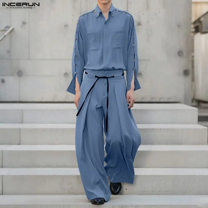 INCERUN Men's Loose Lapel Shirt & Pants Set – Long Sleeve Casual Co-ord | S–5XL