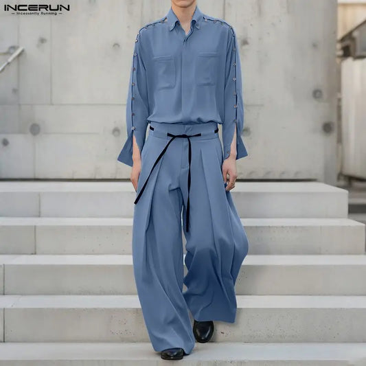 INCERUN Men's Loose Lapel Shirt & Pants Set – Long Sleeve Casual Co-ord | S–5XL