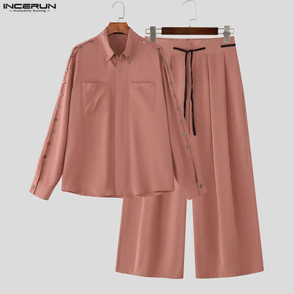 INCERUN Men's Loose Lapel Shirt & Pants Set – Long Sleeve Casual Co-ord | S–5XL