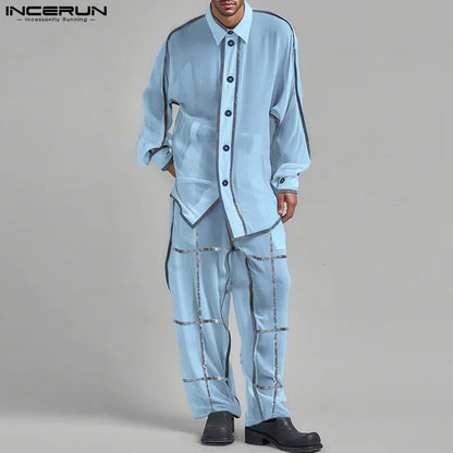 INCERUN Men's See-Through Patchwork Set – Sheer Long Sleeve Shirt & Pants | S–5XL