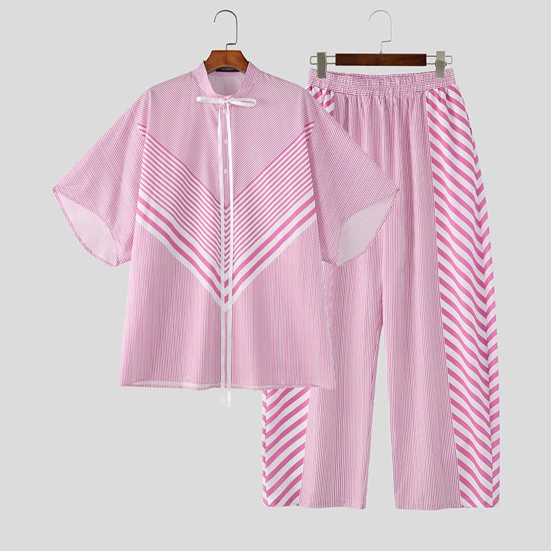 INCERUN Men's Striped Patchwork Set – Lace-Up Shirt & Pants Co-ord | S–5XL