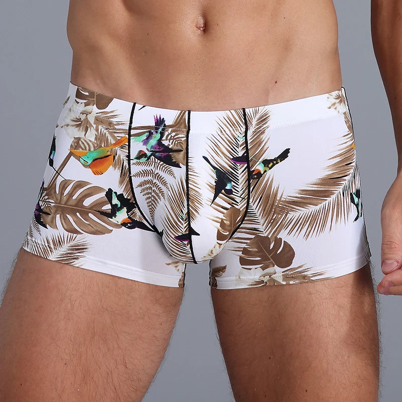 Bird Print Ice Silk Boxer Short – S–2XL | Silk & Synthetic