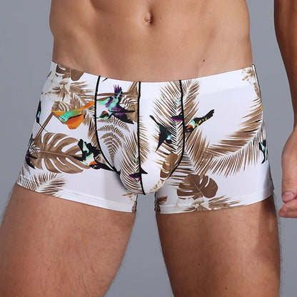 Bird Print Ice Silk Boxer Short – S–2XL | Silk & Synthetic