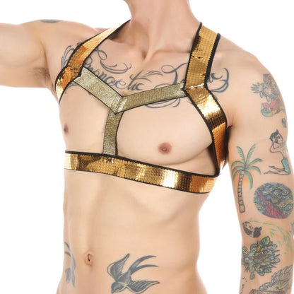Clever-Men Golden Glitter Chest Harness | One Size | Harness + Arm Bands