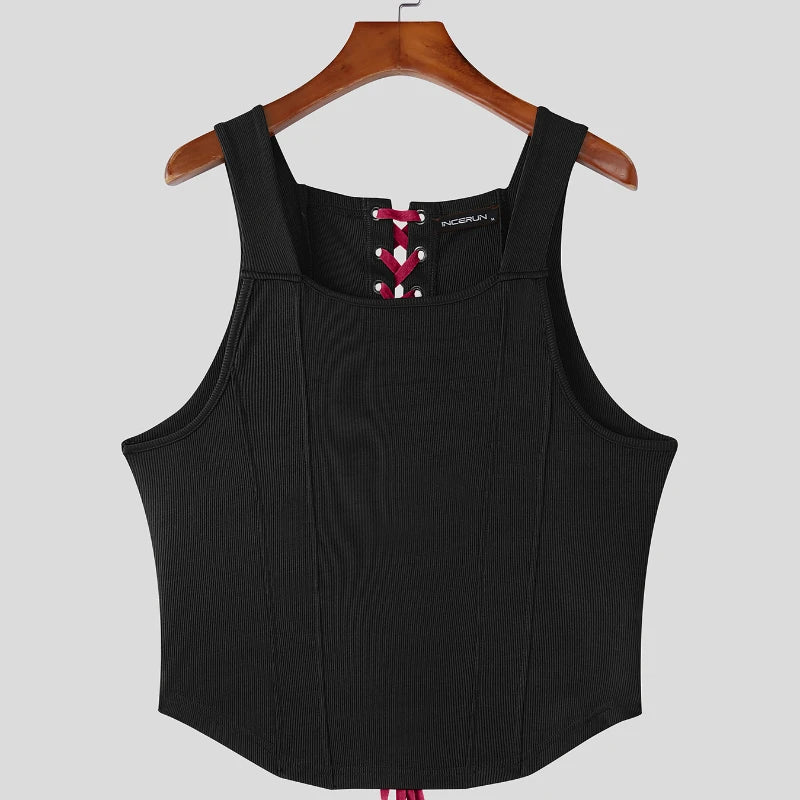 INCERUN Slim Fit Tank Top with Lace-Up Back – Bold Men's Vest | S–XXXL