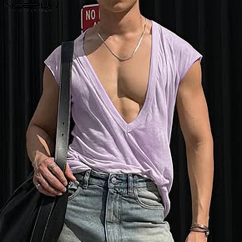 Incerun Oversized Deep V-Neck Tank Top | Purple, Black & Beige | S–5XL