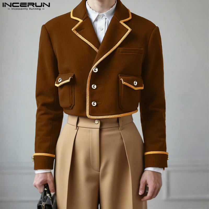 INCERUN Men's Patchwork Lapel Crop Jacket – Long Sleeve Button Streetwear Coat | S–XXXL