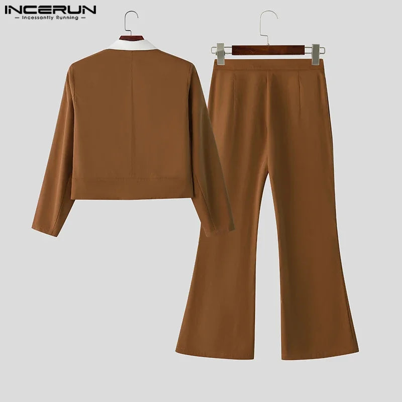 INCERUN Men's Color-Block Patchwork Blazer & Flare Pants Set – Lapel Long Sleeve Co-ord Suit
