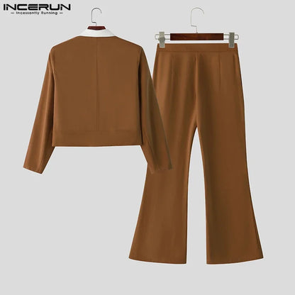INCERUN Men's Color-Block Patchwork Blazer & Flare Pants Set – Lapel Long Sleeve Co-ord Suit