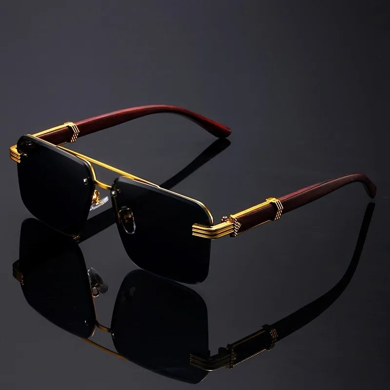 Rectangle Double Beam Sunglasses – UV400 | 2 Colours | Wood Grain Detail