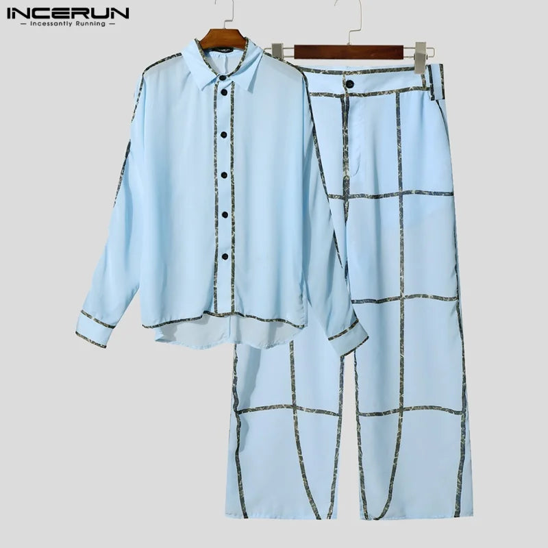 INCERUN Men's See-Through Patchwork Set – Sheer Long Sleeve Shirt & Pants | S–5XL