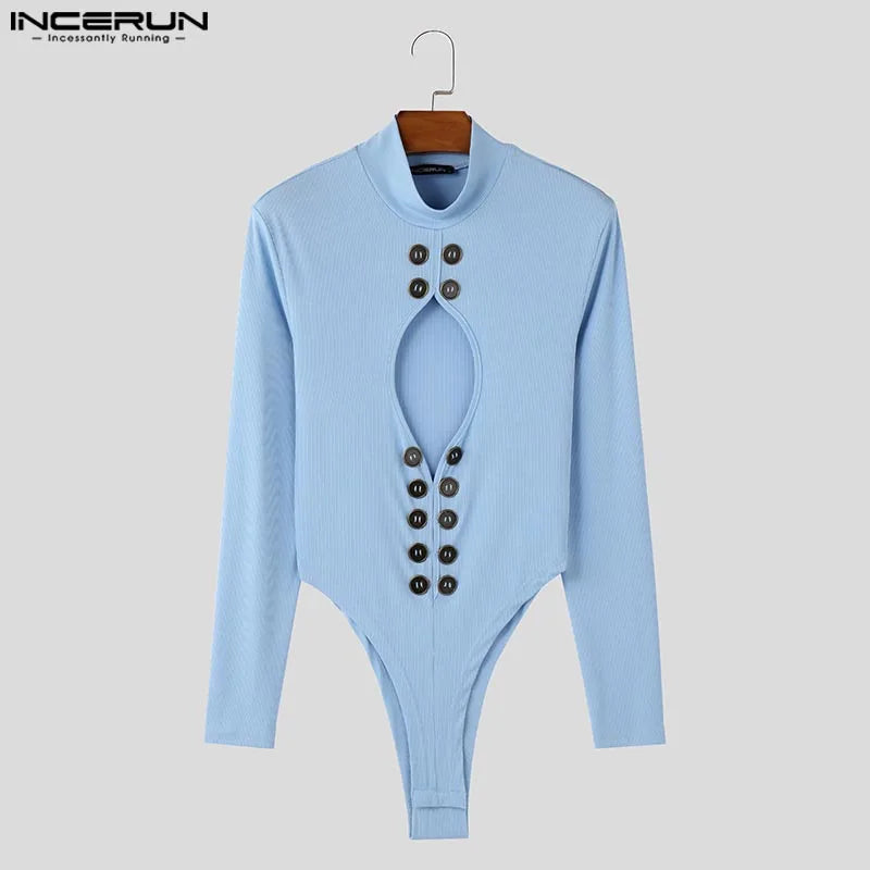 Hollow-Out High Neck Bodysuit – White, Blue & Black | S–5XL | Polyester & Spandex