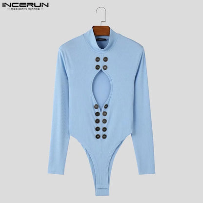 Hollow-Out High Neck Bodysuit – White, Blue & Black | S–5XL | Polyester & Spandex