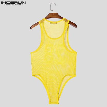 INCERUN Men's Mesh Patchwork Transparent Bodysuit – Sleeveless Tank Romper | S–XXXL