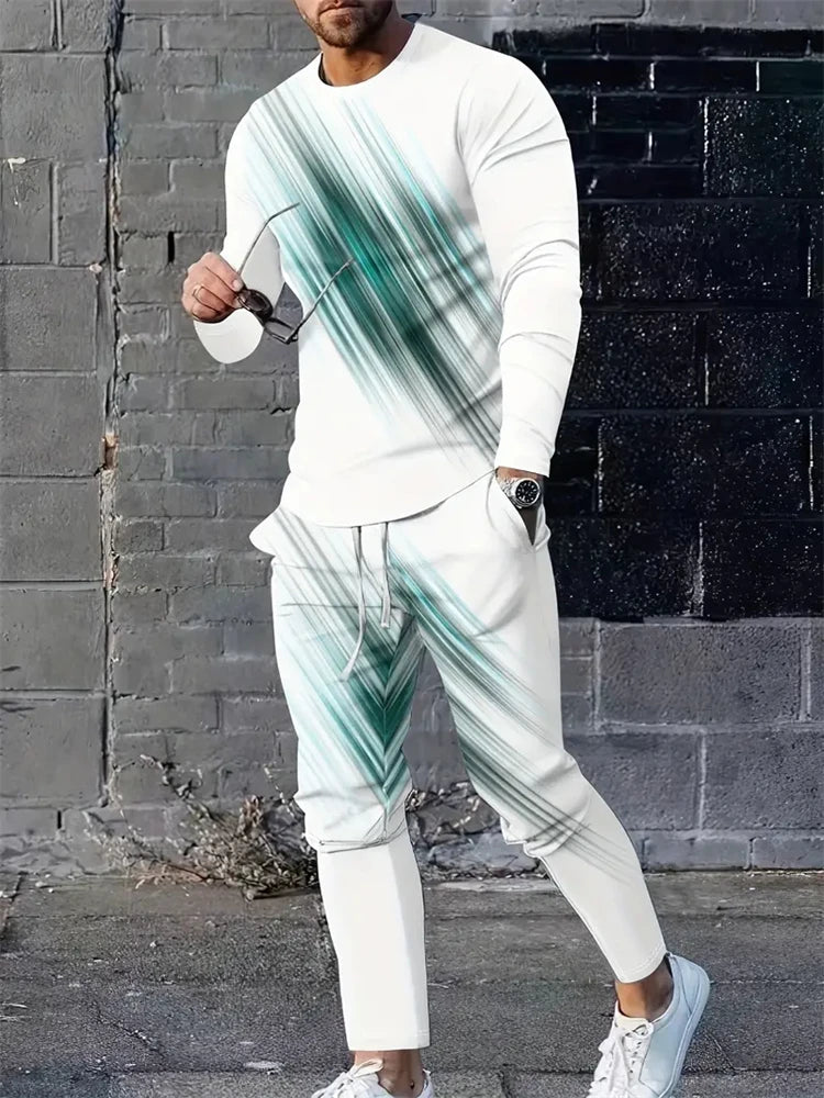 Men's 3D Blue Flame Print 2-Piece Sportswear Set – Long Sleeve Top & Sweatpants | M–5XL