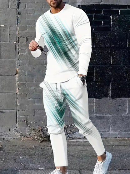 Men's 3D Blue Flame Print 2-Piece Sportswear Set – Long Sleeve Top & Sweatpants | M–5XL