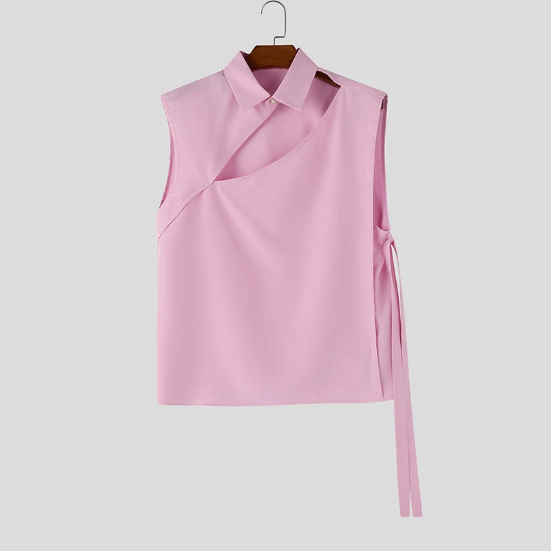 Hollow-Out Lace-Up Sleeveless Shirt – White, Black & Pink | S–5XL | Polyester