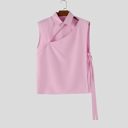 Hollow-Out Lace-Up Sleeveless Shirt – White, Black & Pink | S–5XL | Polyester