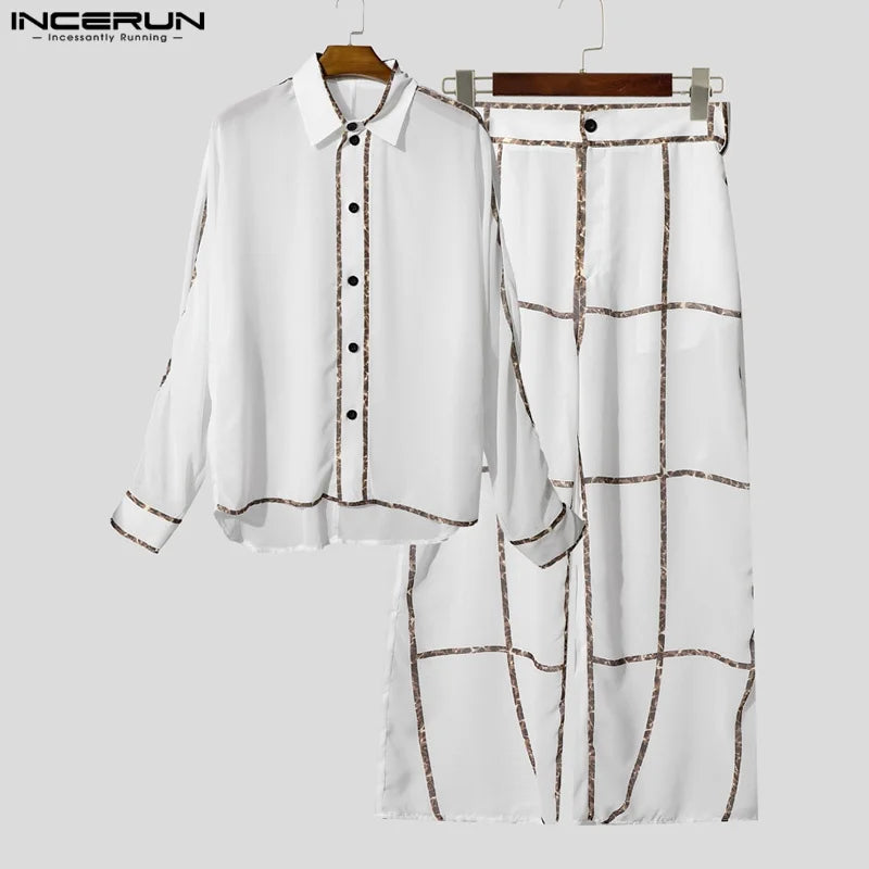 INCERUN Men's See-Through Patchwork Set – Sheer Long Sleeve Shirt & Pants | S–5XL
