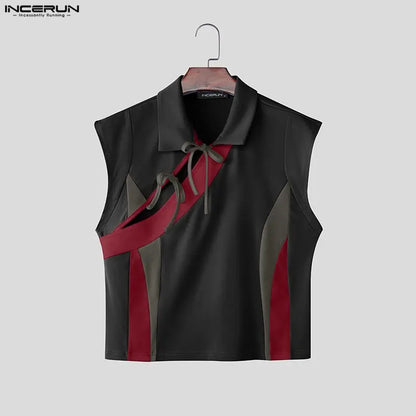 INCERUN Men's Patchwork Tank Top – Color-Block Lace-Up Sleeveless Streetwear | S–5XL