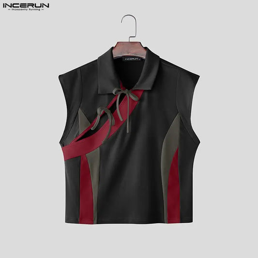 INCERUN Men's Patchwork Tank Top – Color-Block Lace-Up Sleeveless Streetwear | S–5XL