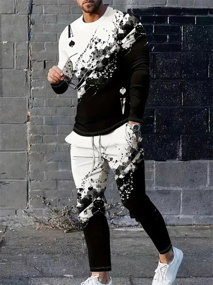 Men's 3D Blue Flame Print 2-Piece Sportswear Set – Long Sleeve Top & Sweatpants | M–5XL