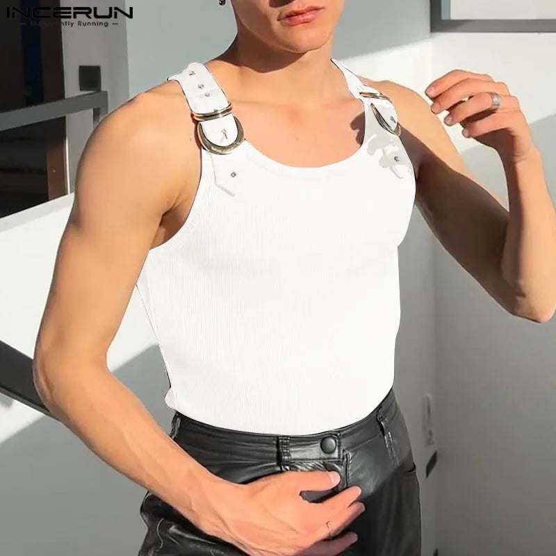 Incerun Metal Buckle Tank Top | White & Black | S–3XL