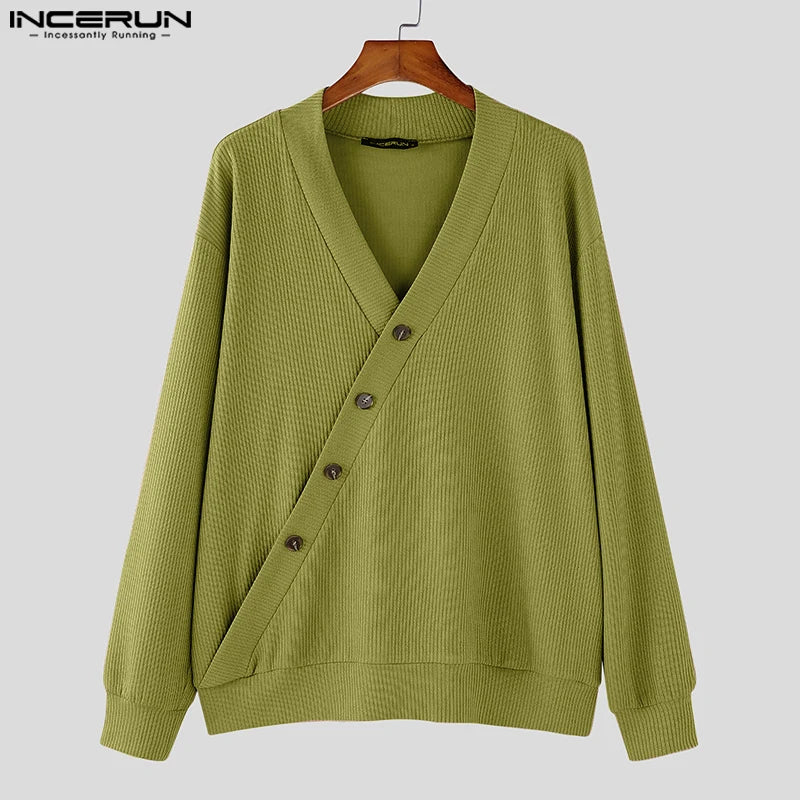 INCERUN Men's Textured Diagonal Knit Sweater – Solid V-Neck Long Sleeve Casual Pullover | S–5XL