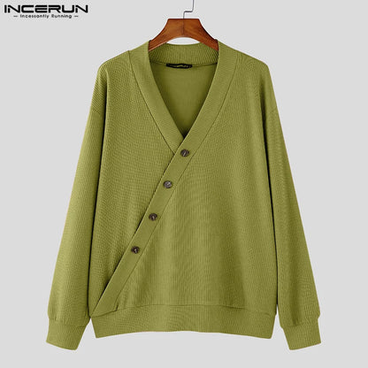 INCERUN Men's Textured Diagonal Knit Sweater – Solid V-Neck Long Sleeve Casual Pullover | S–5XL