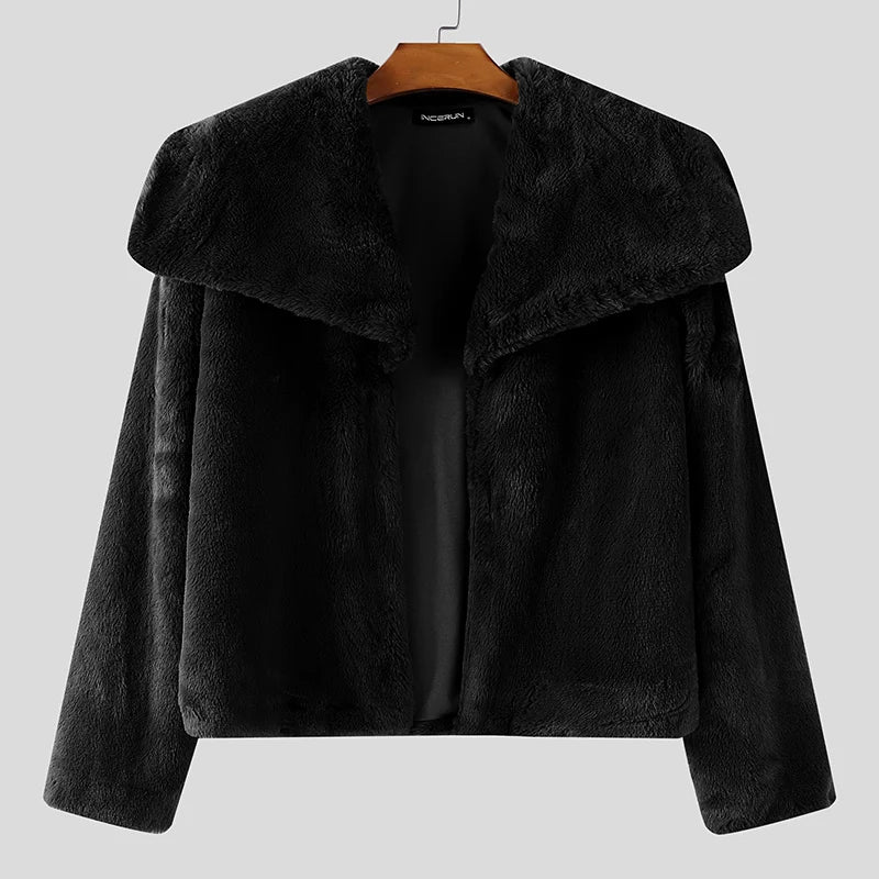 INCERUN Men's Plush Fleece Lapel Jacket – Solid Colour Open-Stitch Casual Streetwear Coat | S–XXXL