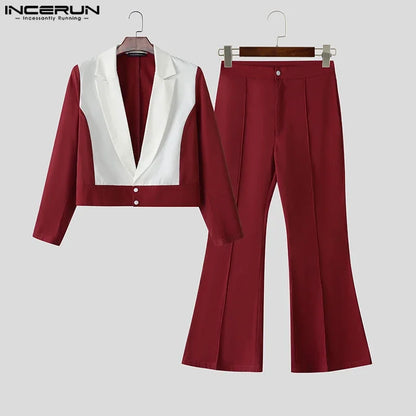 INCERUN Men's Color-Block Patchwork Blazer & Flare Pants Set – Lapel Long Sleeve Co-ord Suit