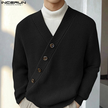 INCERUN Men's Textured Diagonal Knit Sweater – Solid V-Neck Long Sleeve Casual Pullover | S–5XL