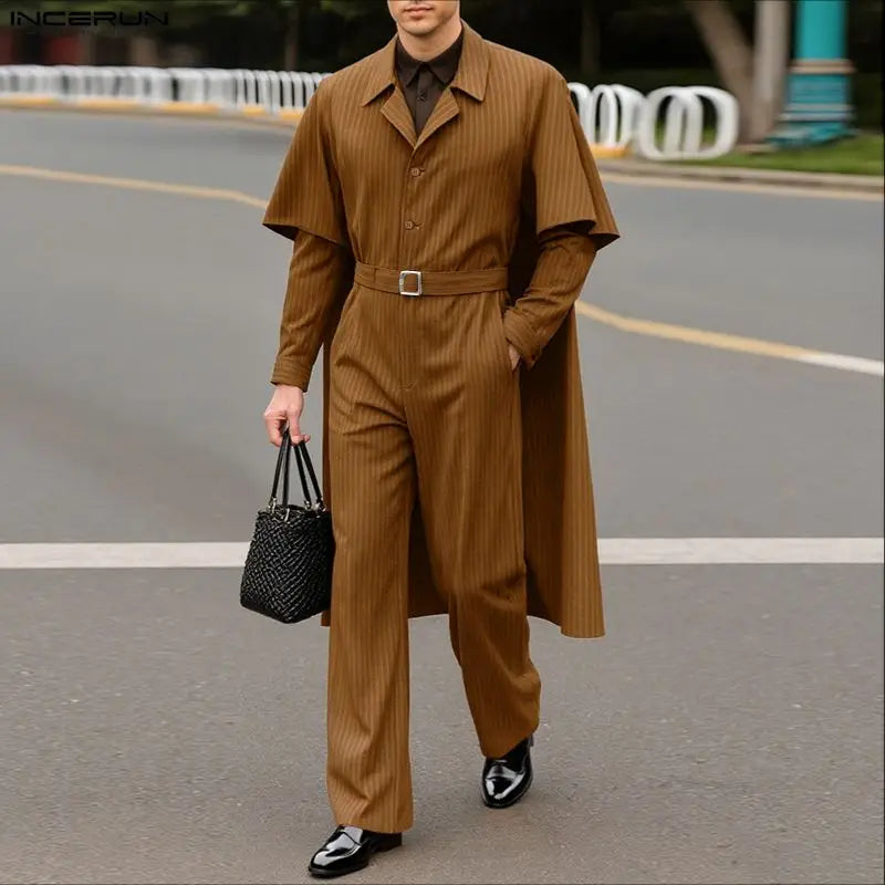 INCERUN Men's Striped Shirt Cloak & Pants Set – Elegant Lapel Long Sleeve Co-ord Suit