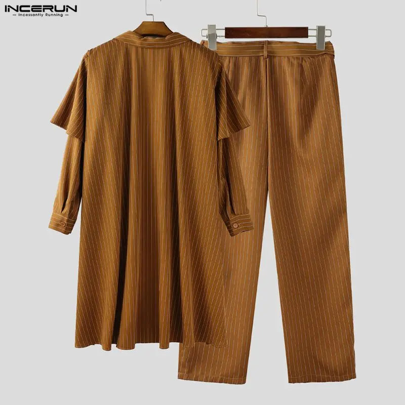 INCERUN Men's Striped Shirt Cloak & Pants Set – Elegant Lapel Long Sleeve Co-ord Suit