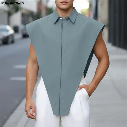 Irregular Split Sleeveless Shirt – Khaki, Blue & Black | S–5XL