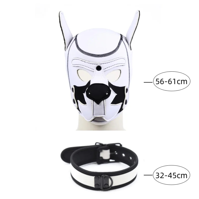 Puppy Play Hood – White & White with Collar | Synthetic Leather