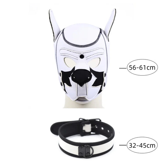 Puppy Play Hood – White & White with Collar | Synthetic Leather