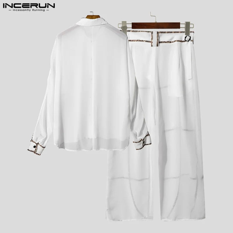 INCERUN Men's See-Through Patchwork Set – Sheer Long Sleeve Shirt & Pants | S–5XL