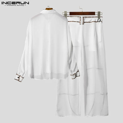 INCERUN Men's See-Through Patchwork Set – Sheer Long Sleeve Shirt & Pants | S–5XL