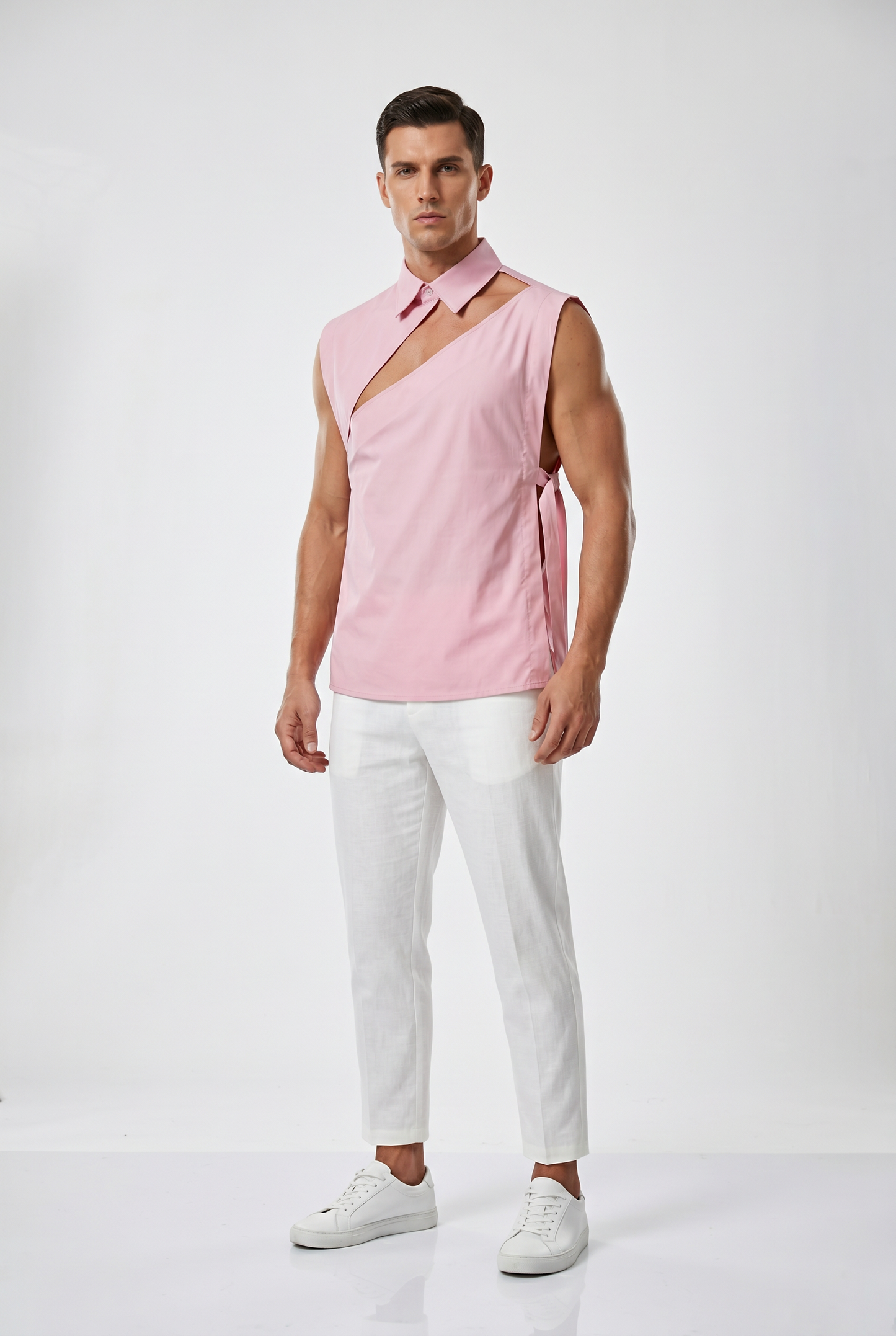 Hollow-Out Lace-Up Sleeveless Shirt – White, Black & Pink | S–5XL | Polyester