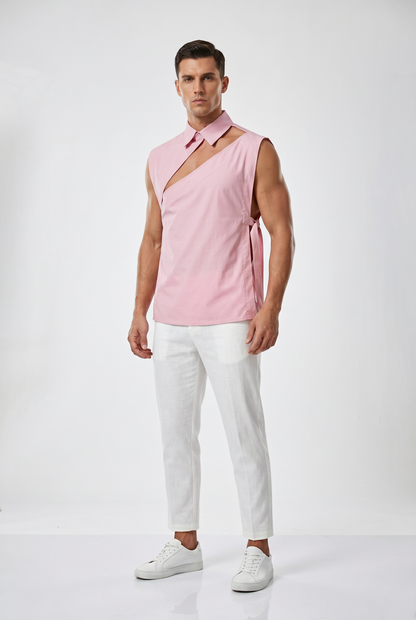 Hollow-Out Lace-Up Sleeveless Shirt – White, Black & Pink | S–5XL | Polyester