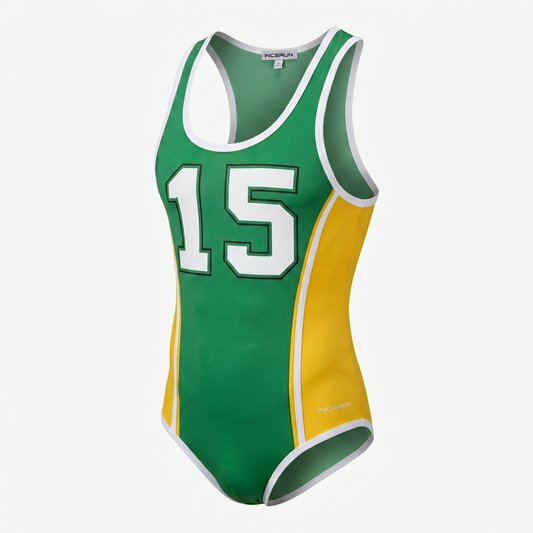 Printed Sleeveless Bodysuit – Green, Yellow & Red | S–3XL | Polyester & Spandex