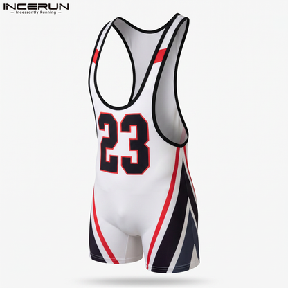 Men's Letter Print Patchwork Bodysuit – Black & White | S–3XL | Polyester & Spandex